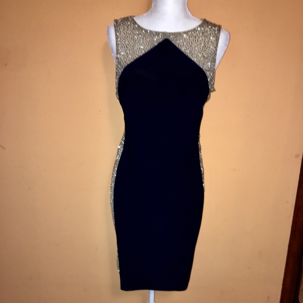 Xscape Navy/Nude Cap Sleeve Sheath Mid dress.Sz.12